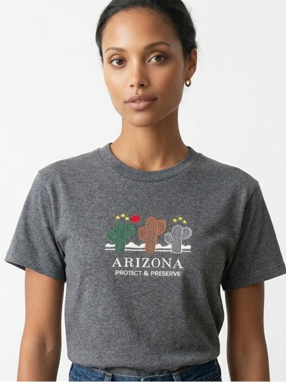 ARIZONA Embroidered Vintage Gray Tee Cactus Size Unisex Size Medium